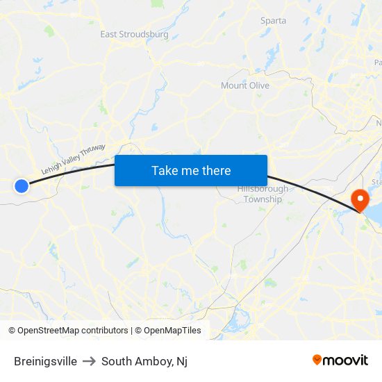 Breinigsville to South Amboy, Nj map