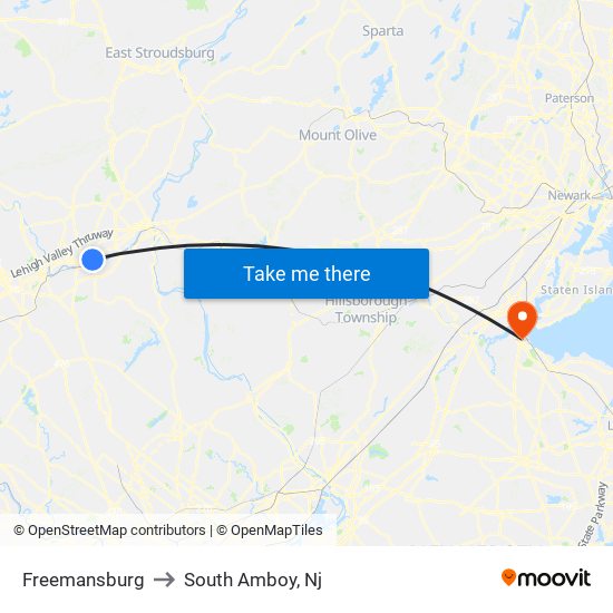 Freemansburg to South Amboy, Nj map