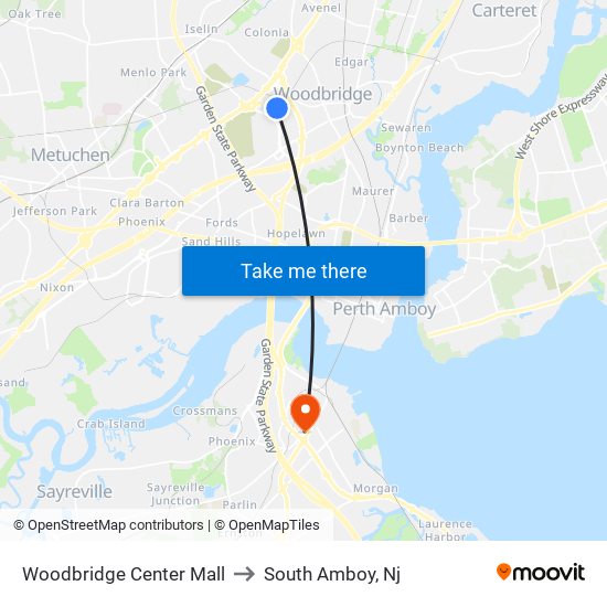 Woodbridge Center Mall to South Amboy, Nj map