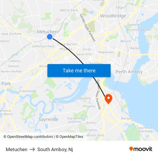 Metuchen to South Amboy, Nj map