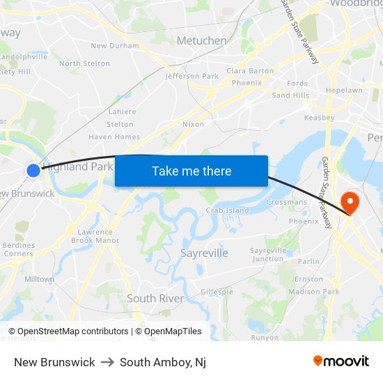 New Brunswick to South Amboy, Nj map