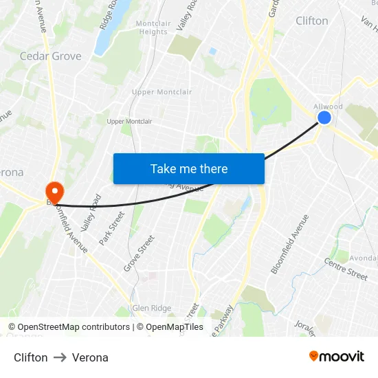 Clifton to Verona map