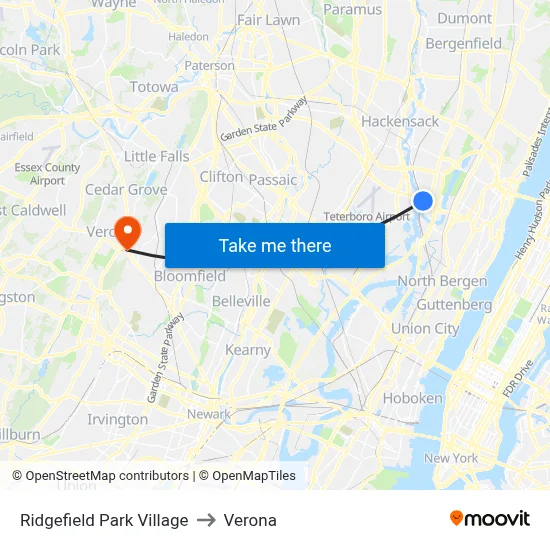 Ridgefield Park Village to Verona map