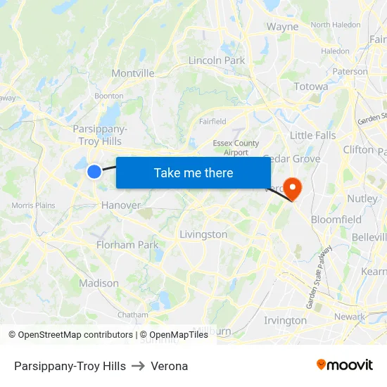 Parsippany-Troy Hills to Verona map