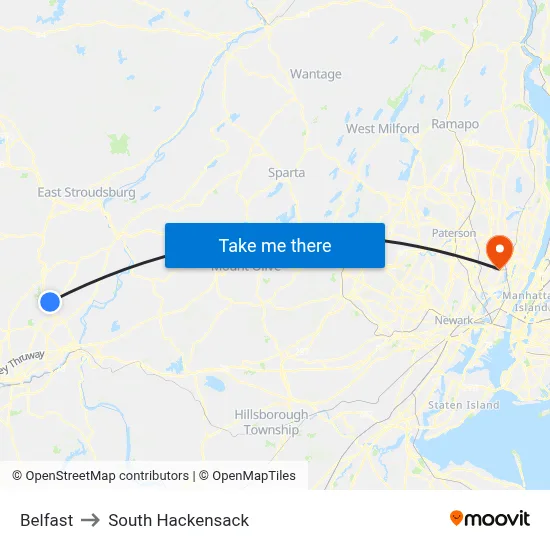 Belfast to South Hackensack map