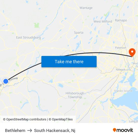 Bethlehem to South Hackensack, Nj map