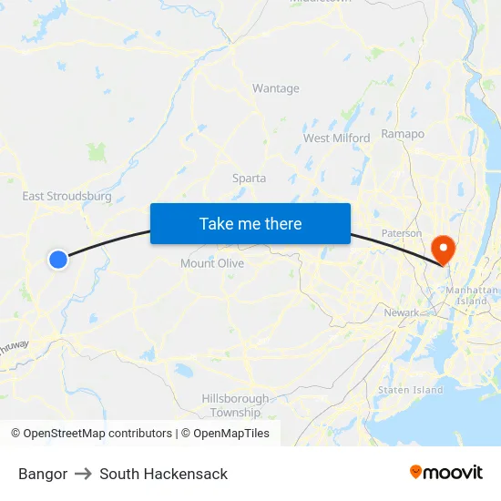 Bangor to South Hackensack map