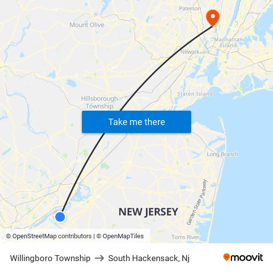 Willingboro Township to South Hackensack, Nj map