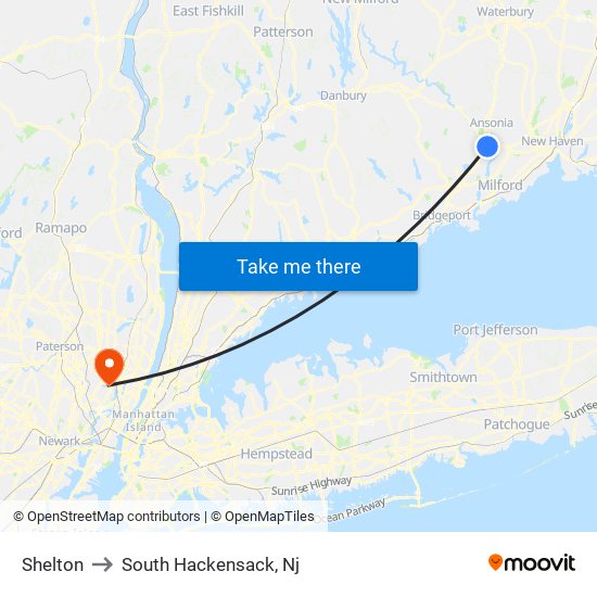 Shelton to South Hackensack, Nj map