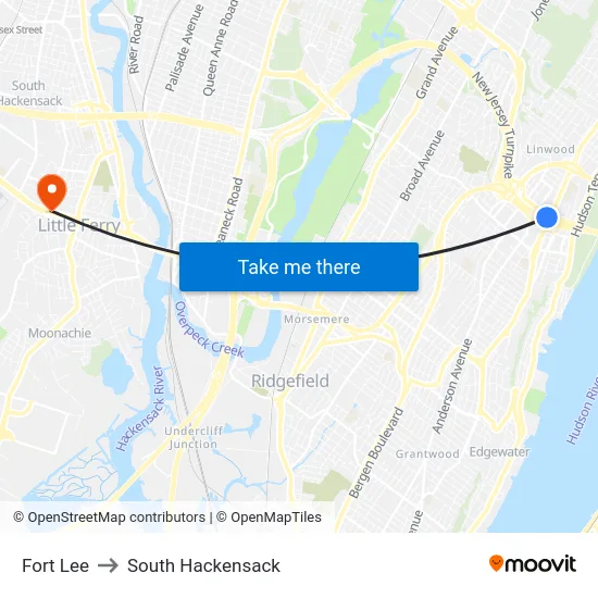 Fort Lee to South Hackensack map