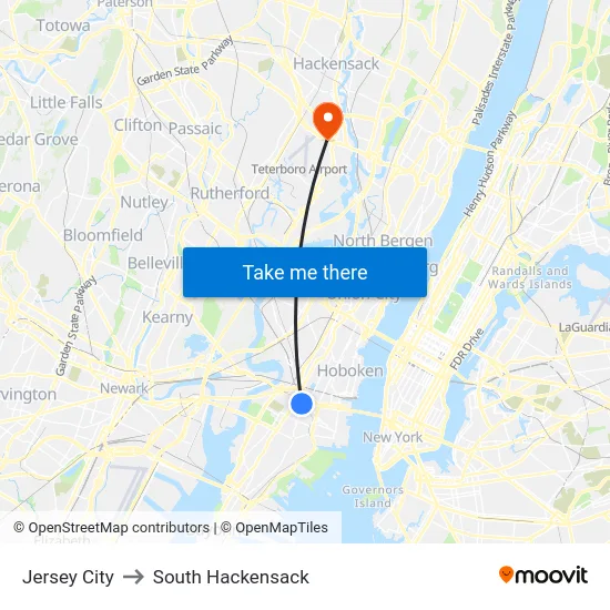Jersey City to South Hackensack map