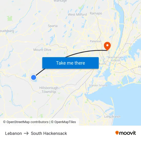 Lebanon to South Hackensack map