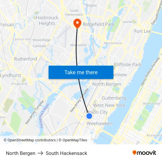 North Bergen to South Hackensack map