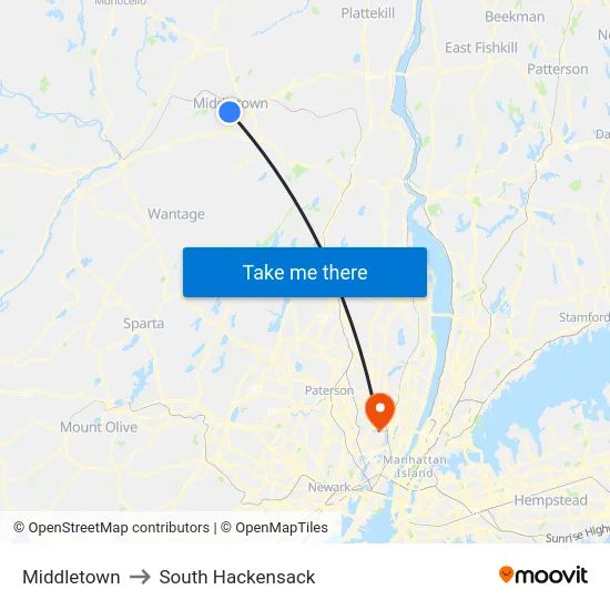 Middletown to South Hackensack map