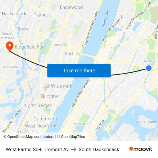 West Farms Sq-E Tremont Av to South Hackensack map
