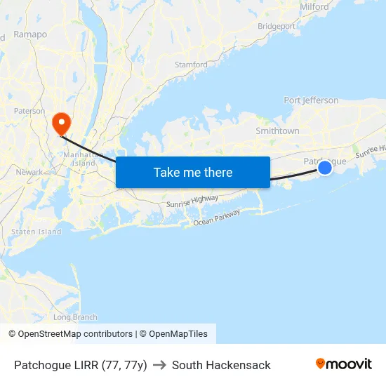 Patchogue LIRR (77, 77y) to South Hackensack map