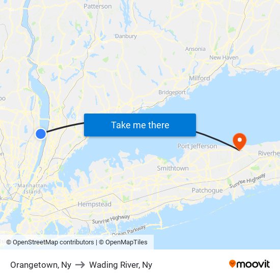 Orangetown, Ny to Wading River, Ny map