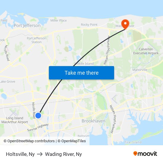Holtsville, Ny to Wading River, Ny map