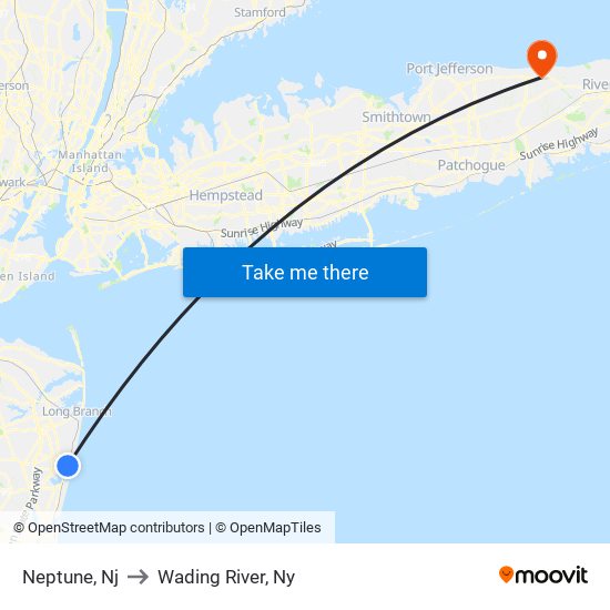 Neptune, Nj to Wading River, Ny map