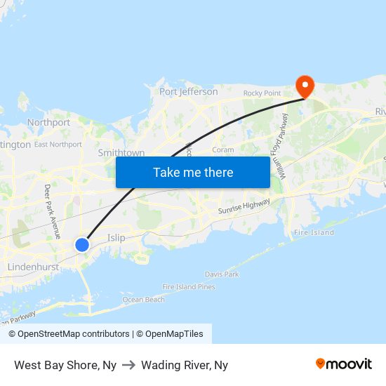 West Bay Shore, Ny to Wading River, Ny map