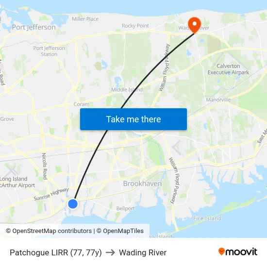 Patchogue LIRR (77, 77y) to Wading River map