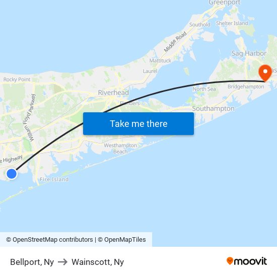 Bellport, Ny to Wainscott, Ny map