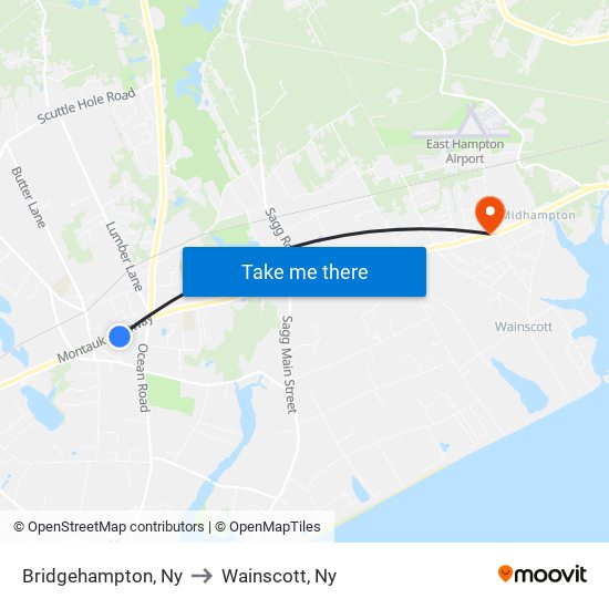 Bridgehampton, Ny to Wainscott, Ny map