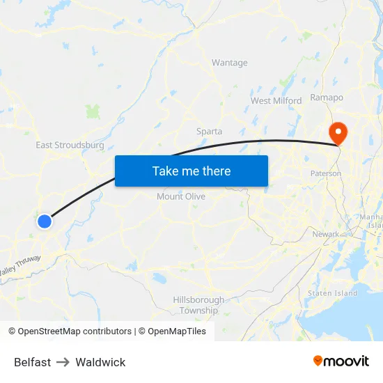 Belfast to Waldwick map