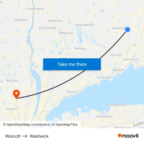 Wolcott to Waldwick map
