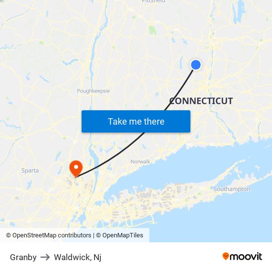 Granby to Waldwick, Nj map