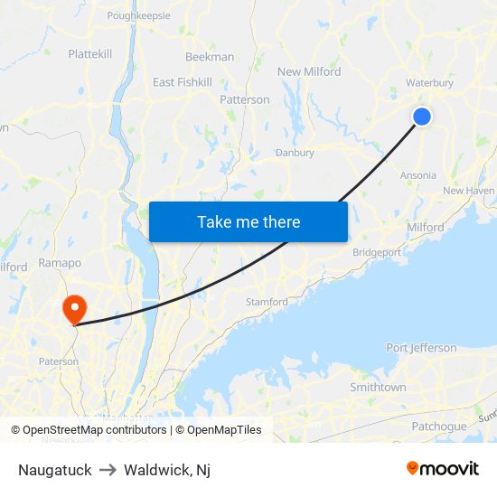 Naugatuck to Waldwick, Nj map