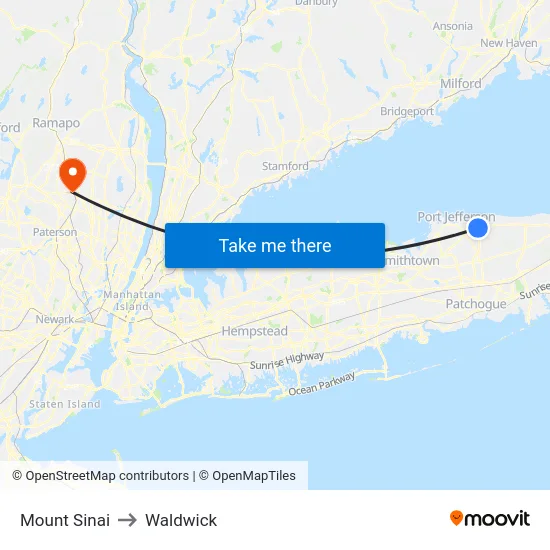 Mount Sinai to Waldwick map