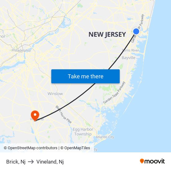 Brick, Nj to Vineland, Nj map