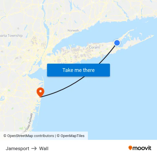 Jamesport to Wall map