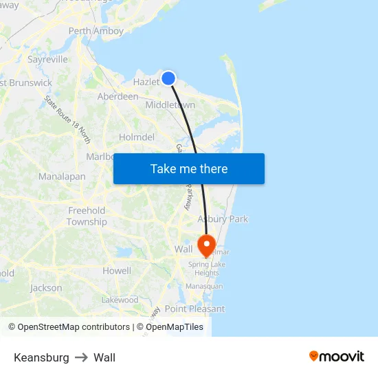 Keansburg to Wall map
