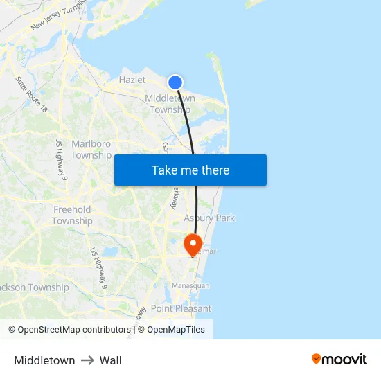 Middletown to Wall map