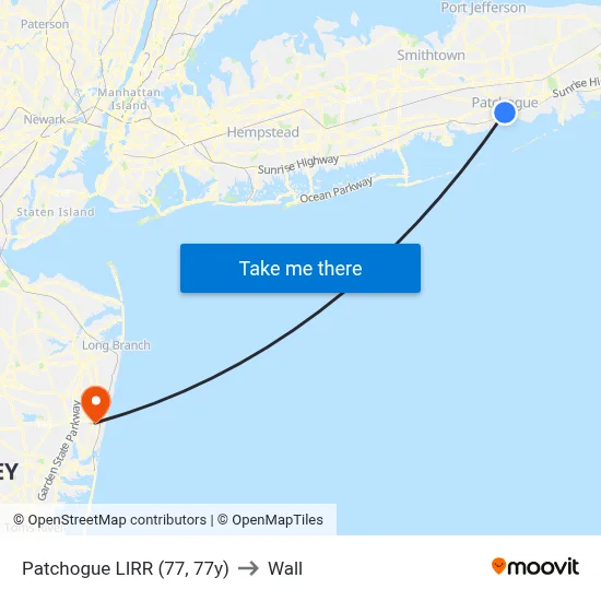 Patchogue LIRR (77, 77y) to Wall map
