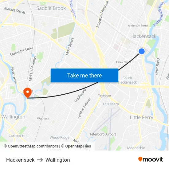 Hackensack to Wallington map