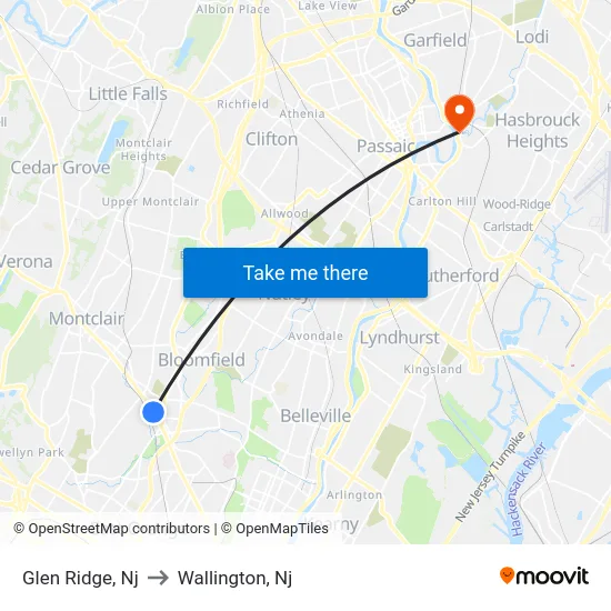 Glen Ridge to Wallington, Nj map