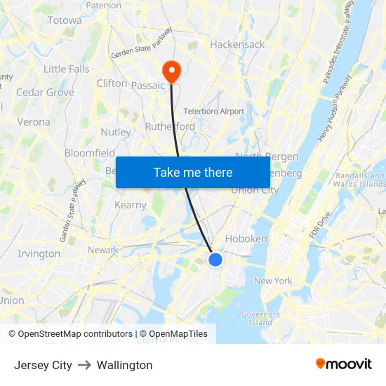 Jersey City to Wallington map