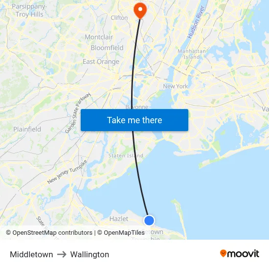 Middletown to Wallington map