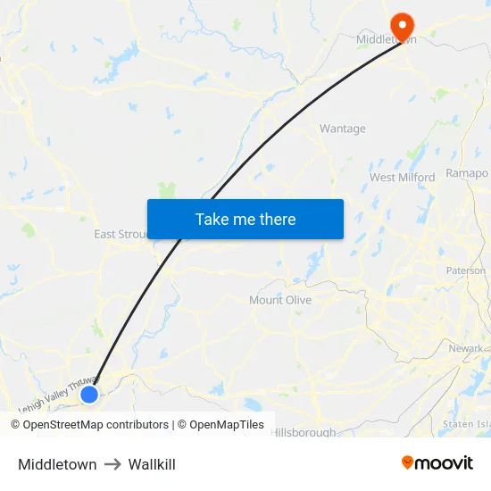 Middletown to Wallkill map