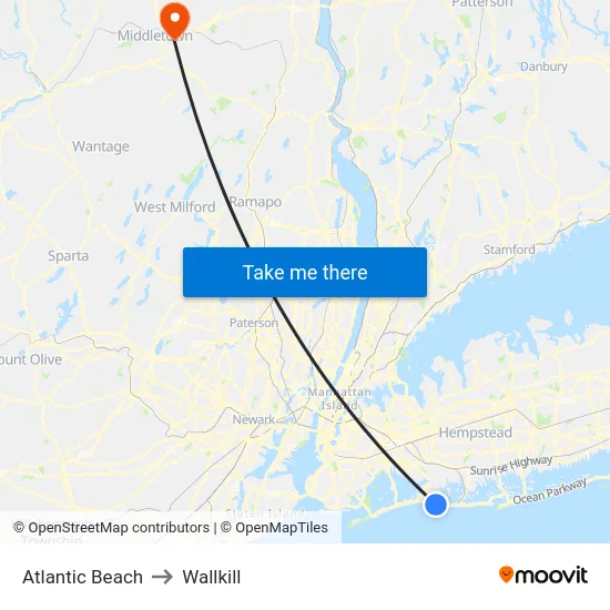 Atlantic Beach to Wallkill map