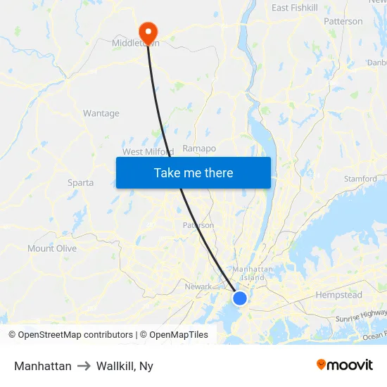 Manhattan to Wallkill, Ny map