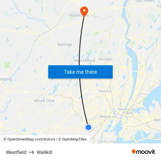 Westfield to Wallkill map