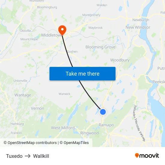 Tuxedo to Wallkill map