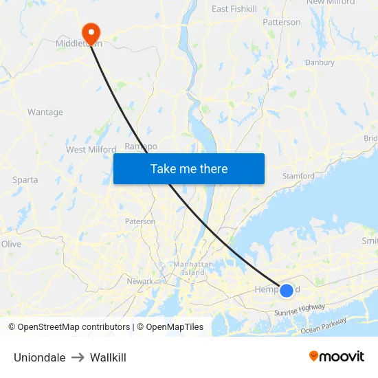 Uniondale to Wallkill map