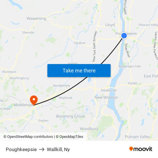 Poughkeepsie to Wallkill, Ny map