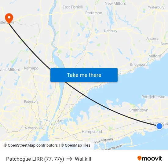 Patchogue LIRR (77, 77y) to Wallkill map