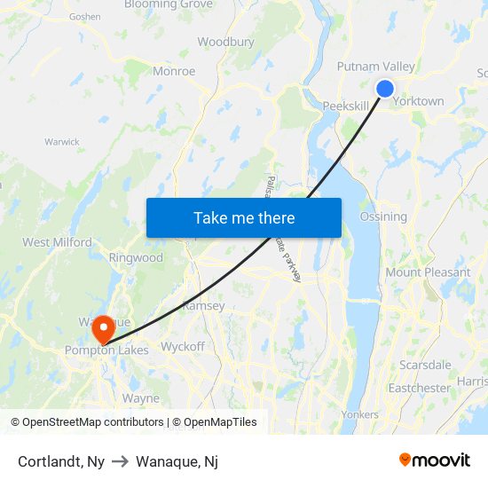 Cortlandt, Ny to Wanaque, Nj map